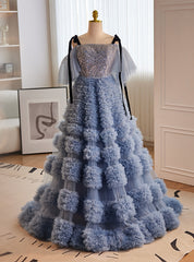 Blue Tulle Sequins Spaghetti Straps Tiers Prom Dress