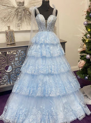 Blue Tulle Tiers Appliques Sequins Prom Dress