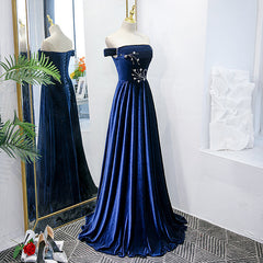 Blue Velvet Beaded Elegant Off Shoulder Evening Dress Outfits For Girls, Blue Long Prom Dress Outfits For Women Party Dress