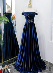 Blue Velvet Beaded Elegant Off Shoulder Evening Dress Outfits For Girls, Blue Long Prom Dress Outfits For Women Party Dress