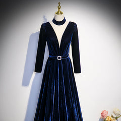 Blue Velvet Long Sleeves Floor Length Wedding Party Dress Outfits For Girls, Blue Formal Gown