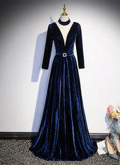 Blue Velvet Long Sleeves Floor Length Wedding Party Dress Outfits For Girls, Blue Formal Gown