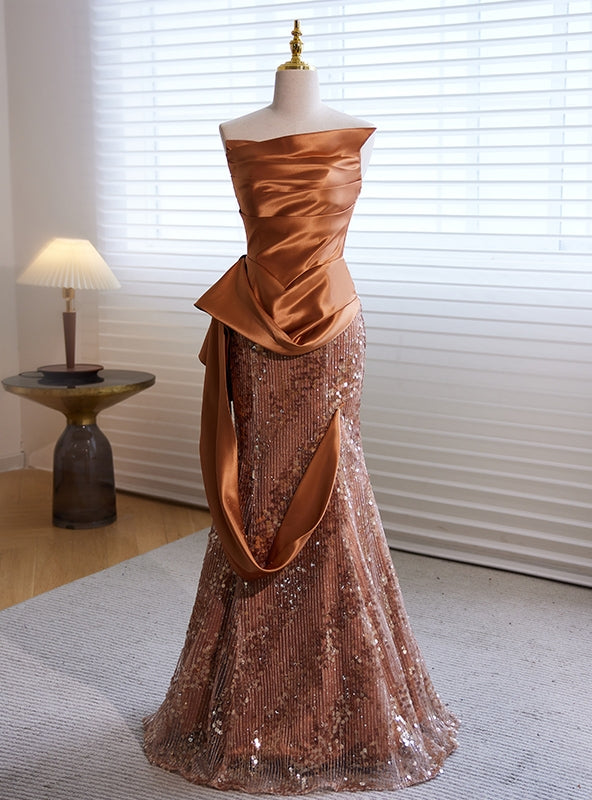 Brown Mermaid Strapless Sequins Satin Prom Dress