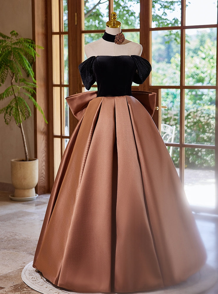 Brown Satin Black Velvet Off the Shoulder Prom Dress