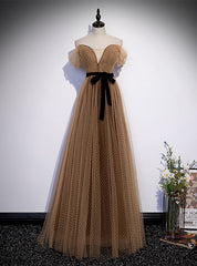 Brown Wave Point Tulle Off the Shoulder Prom Dress