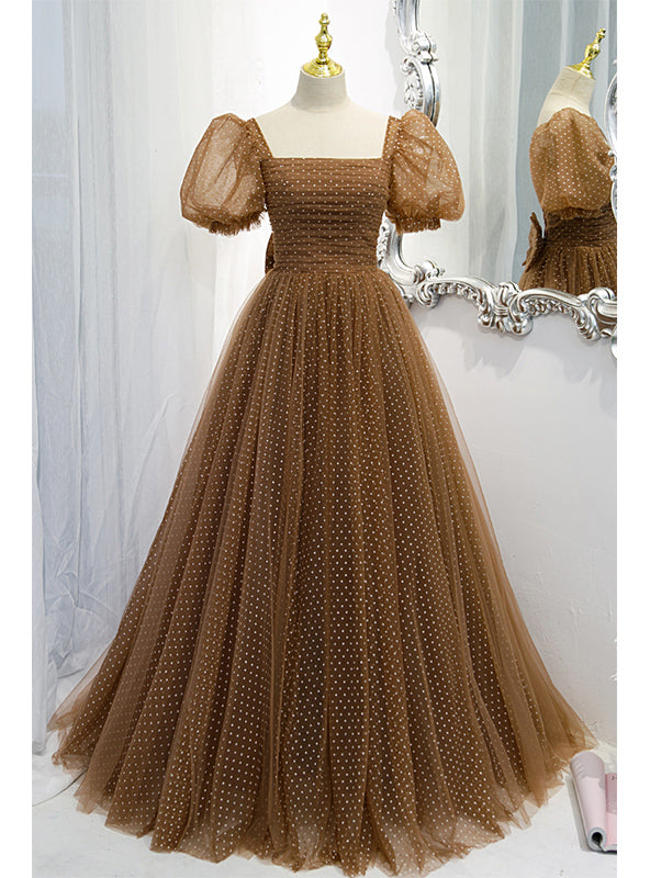 Brown Wave Point Tulle Puff Sleeve Prom Dress