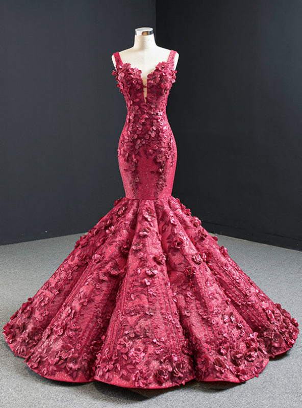 Burgundy Mermaid 3D Appliques Beading Straps Prom Dress