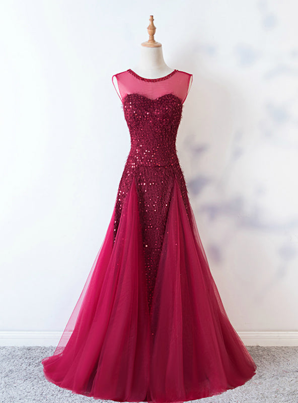 Burgundy Mermaid Sequins Backless Long Prom Dress