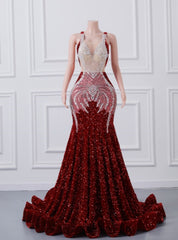 Burgundy Mermaid Sequins Backless Prom Dress