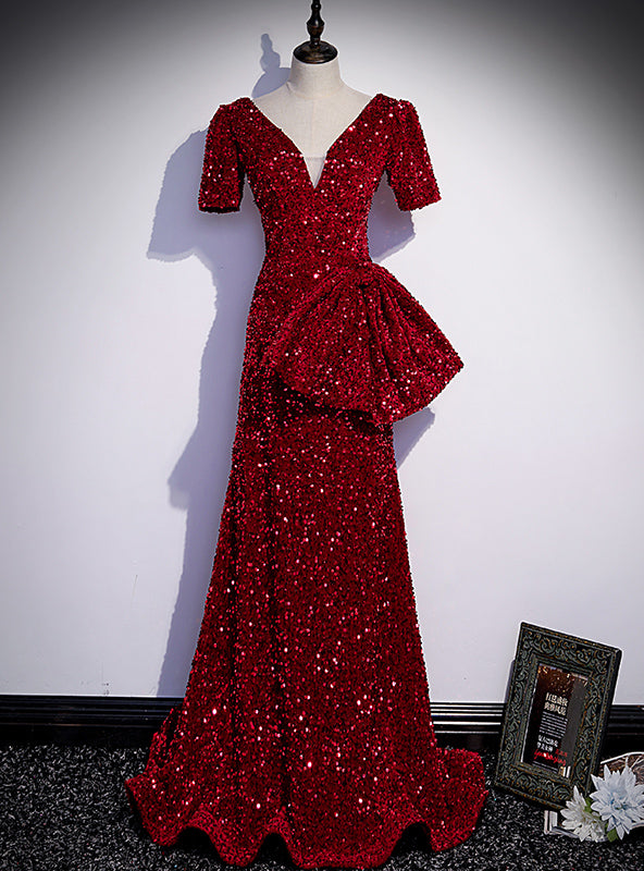 Burgundy Mermaid Sequins V-neck Prom Dress