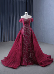 Burgundy Mermaid Tulle Off the Shoulder Pleats Prom Dress