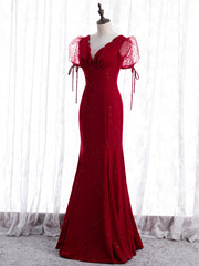 Burgundy Mermaid V-neck Puff Sleeve Prom Dress