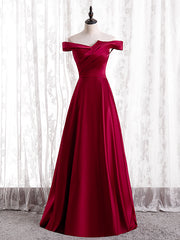 Burgundy Satin Off the Shoulder Pleats Long Prom Dress