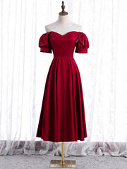 Burgundy Satin Off the Shoulder Puff Sleeve Prom Dress