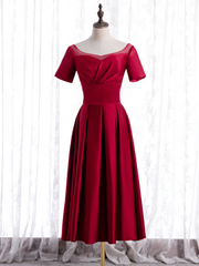 Burgundy Satin Short Sleeve Pleats Backless Short Prom Dress