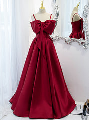 Burgundy Satin Spaghetti Straps Prom Dress With Bow