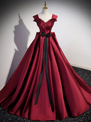 Burgundy Satin Strapls Pleats Prom Dress With Bow