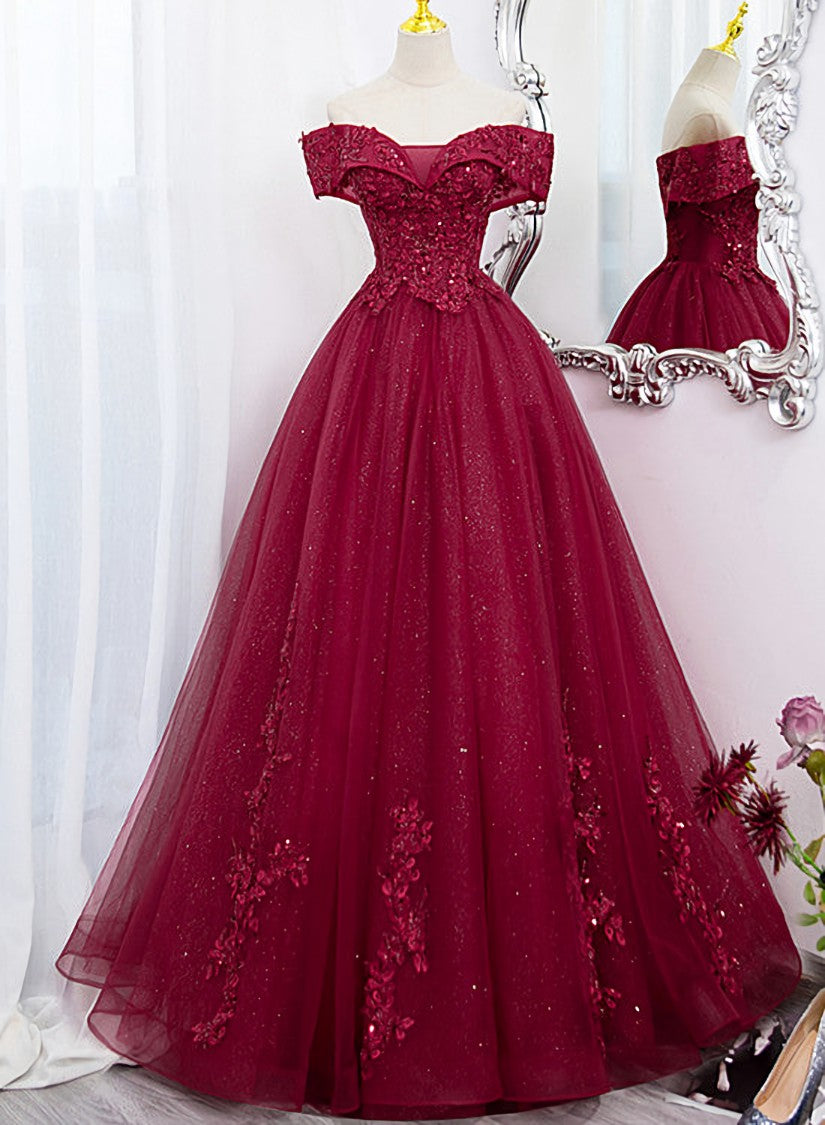 Burgundy Sweetheart Flowers Sequins Lace Party Dress Outfits For Girls, Long Formal Dress Outfits For Women Prom Dress