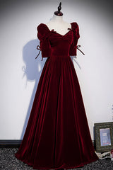 Burgundy Velvet Long Evening Party Dress, A-Line Short Sleeve Prom Dress