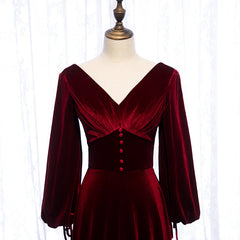 Burgundy Velvet Long Sleeves A-line Prom Dress Outfits For Girls, Long Simple Bridesmaid Dresses