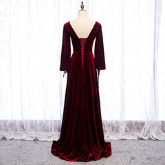 Burgundy Velvet Long Sleeves A-line Prom Dress Outfits For Girls, Long Simple Bridesmaid Dresses