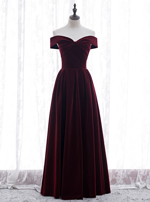 Burgundy Velvet Off the Shoulder Pleats Prom Dress