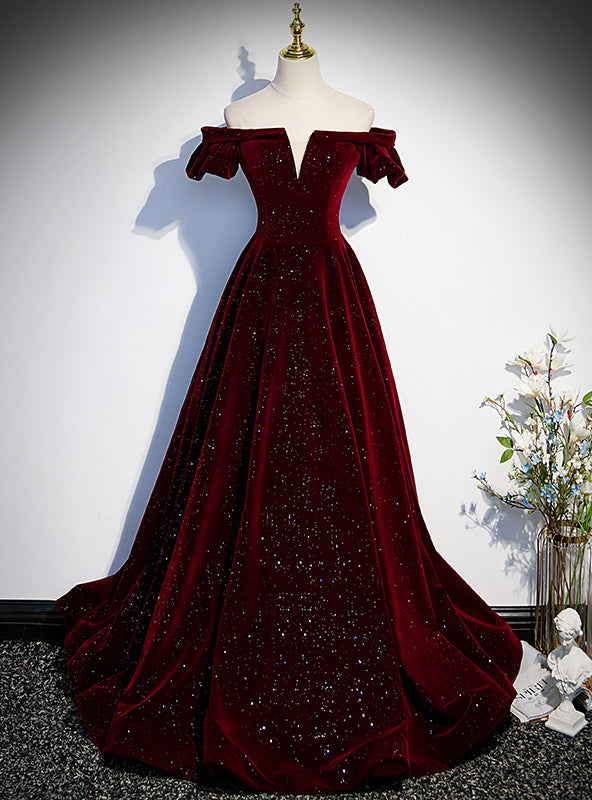 Burgundy Velvet Sequins Off the Shoulder Prom Dress