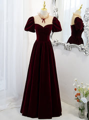 Burgundy Velvet Short Sleeve Prom Dress