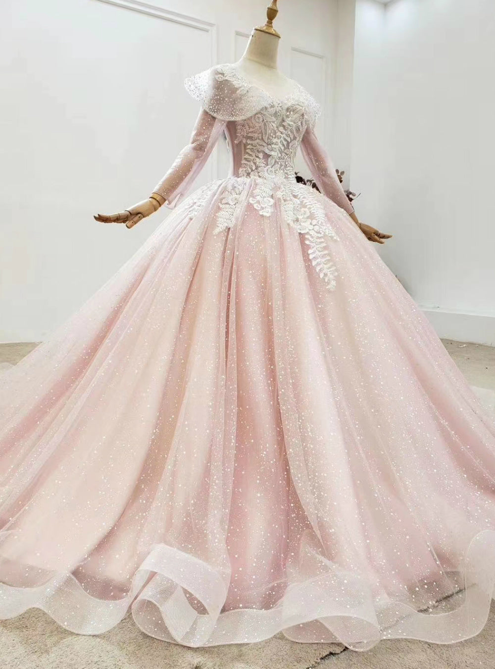 Buy From Pink Ball Gown Tulle Long Sleeve Appliques Princess Prom Dress