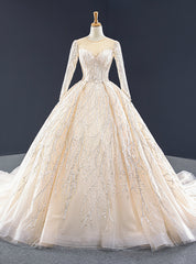 Champagne Ball Gown Tulle Seuqins Long Sleeve Prom Dress