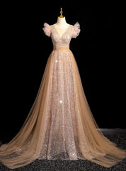 Champagne Gold Sequins Tulle Prom Dress