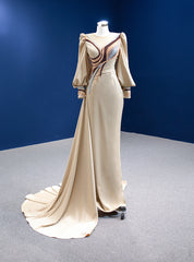 Champagne Mermaid Satin Long Sleeve Beading Prom Dress