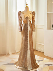 Champagne Mermaid Sequins Long Sleeve Prom Dress