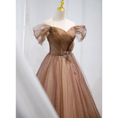 Champagne Off Shoulder Beaded A-line Tulle Long Party Dress Outfits For Girls, Long Evening Gown