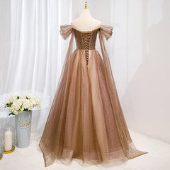 Champagne Off Shoulder Beaded A-line Tulle Long Party Dress Outfits For Girls, Long Evening Gown