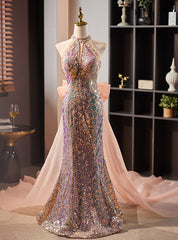 Champagne Pink Mermaid Sequins Beading Prom Dress