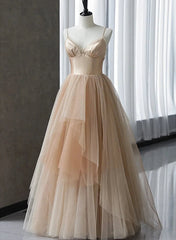 Champagne Tulle Gradient Tulle Straps Long Evening Dress Outfits For Girls, Charming Formal Gown