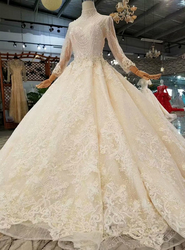 Champagne Tulle Lace Appliques High Neck Long Sleeve Beading Luxury Wedding Dress