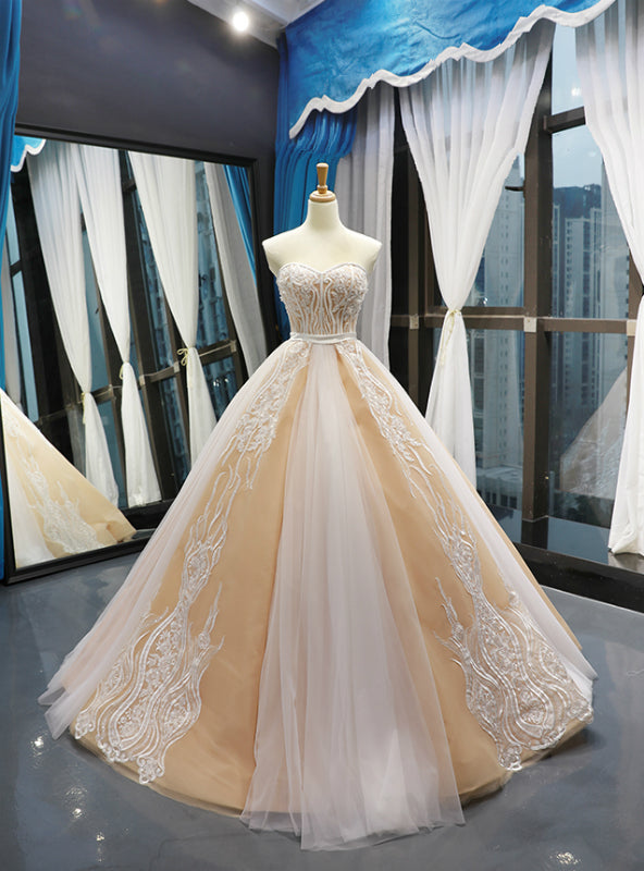 Champagne Tulle Lace Appliques Sweetheart With Beading Prom Dress