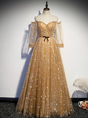 Champagne Tulle Off the Shoulder Embroidery Long Sleeve Prom Dress