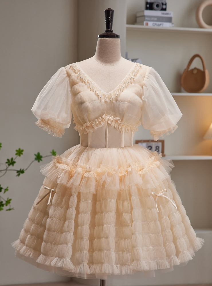 Champagne Tulle V-neck Puff Sleeve Homecoming Dress