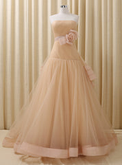 Champagne Tulle With Flower Strapless Backless Wedding Dress