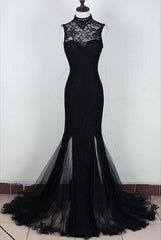 Charming Black Mermaid Backless Long Evening Dress Outfits For Girls, High Neckline Prom Dress