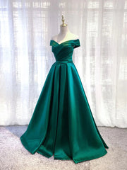 Charming Dark Green Satin Long Junior Prom Dress Outfits For Girls, Off Shoulder Evening Gown