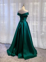 Charming Dark Green Satin Long Junior Prom Dress Outfits For Girls, Off Shoulder Evening Gown