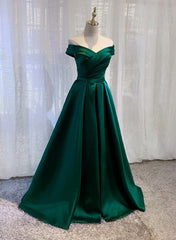 Charming Dark Green Satin Long Junior Prom Dress Outfits For Girls, Off Shoulder Evening Gown