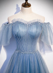 Charming Light Blue Tulle Puffy Sleeves Floor Length Party Dress Outfits For Girls, Blue A-line Pricess Gowns Prom Dress