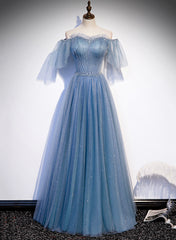 Charming Light Blue Tulle Puffy Sleeves Floor Length Party Dress Outfits For Girls, Blue A-line Pricess Gowns Prom Dress