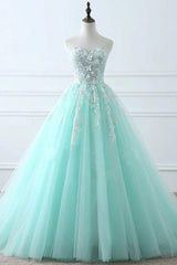 Charming Mint Green Tulle Ball Gown Sweet 16 Dress Outfits For Girls, Lace Applique Prom Dress