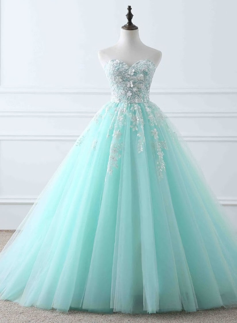 Charming Mint Green Tulle Ball Gown Sweet 16 Dress Outfits For Girls, Lace Applique Prom Dress